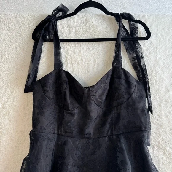 Lulus Glamorous Sweetie Black Burnout Tie-Strap Bustier Midi Dress XL LBD Floral - Picture 3 of 12